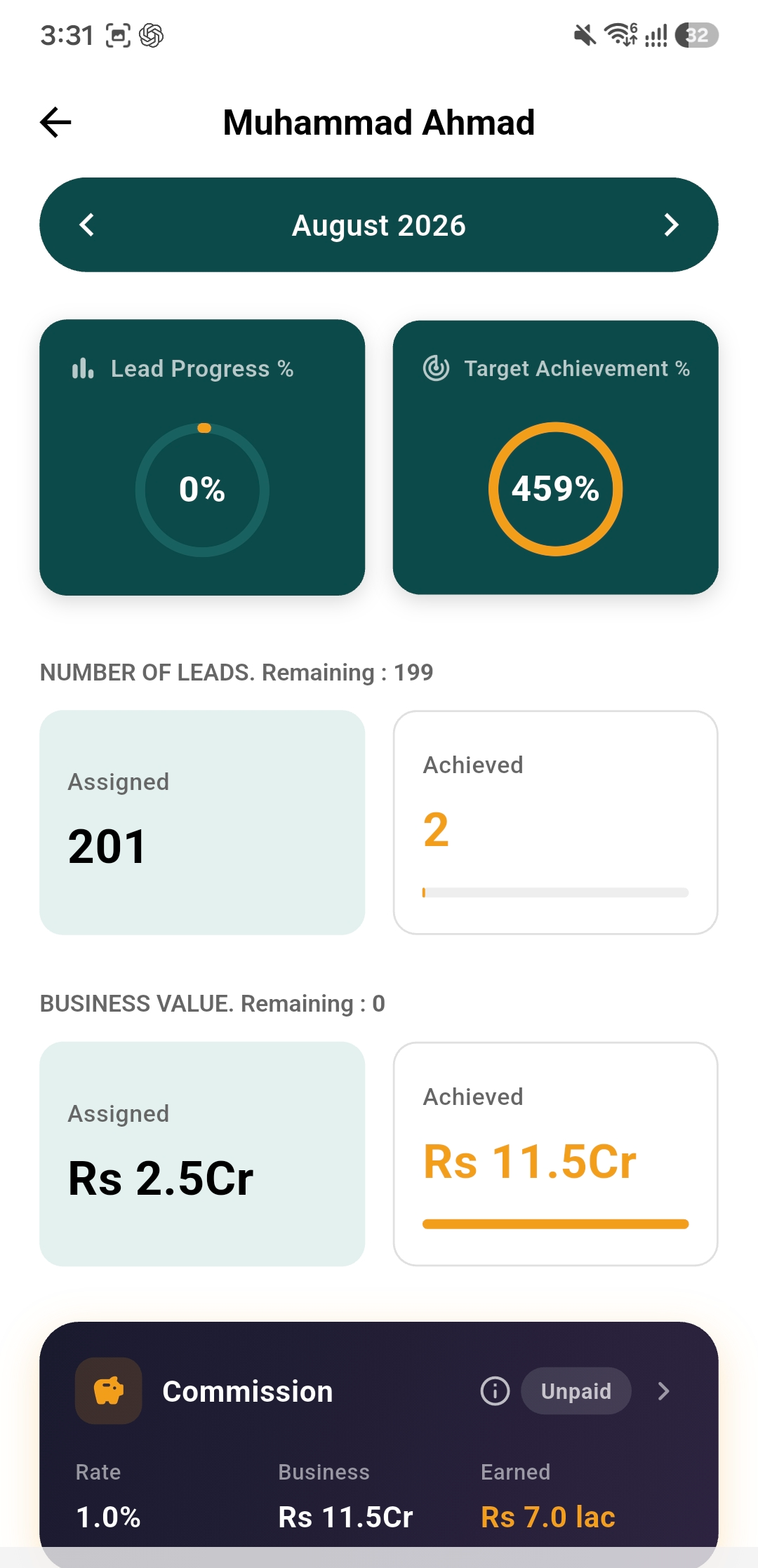 Target achievement screen