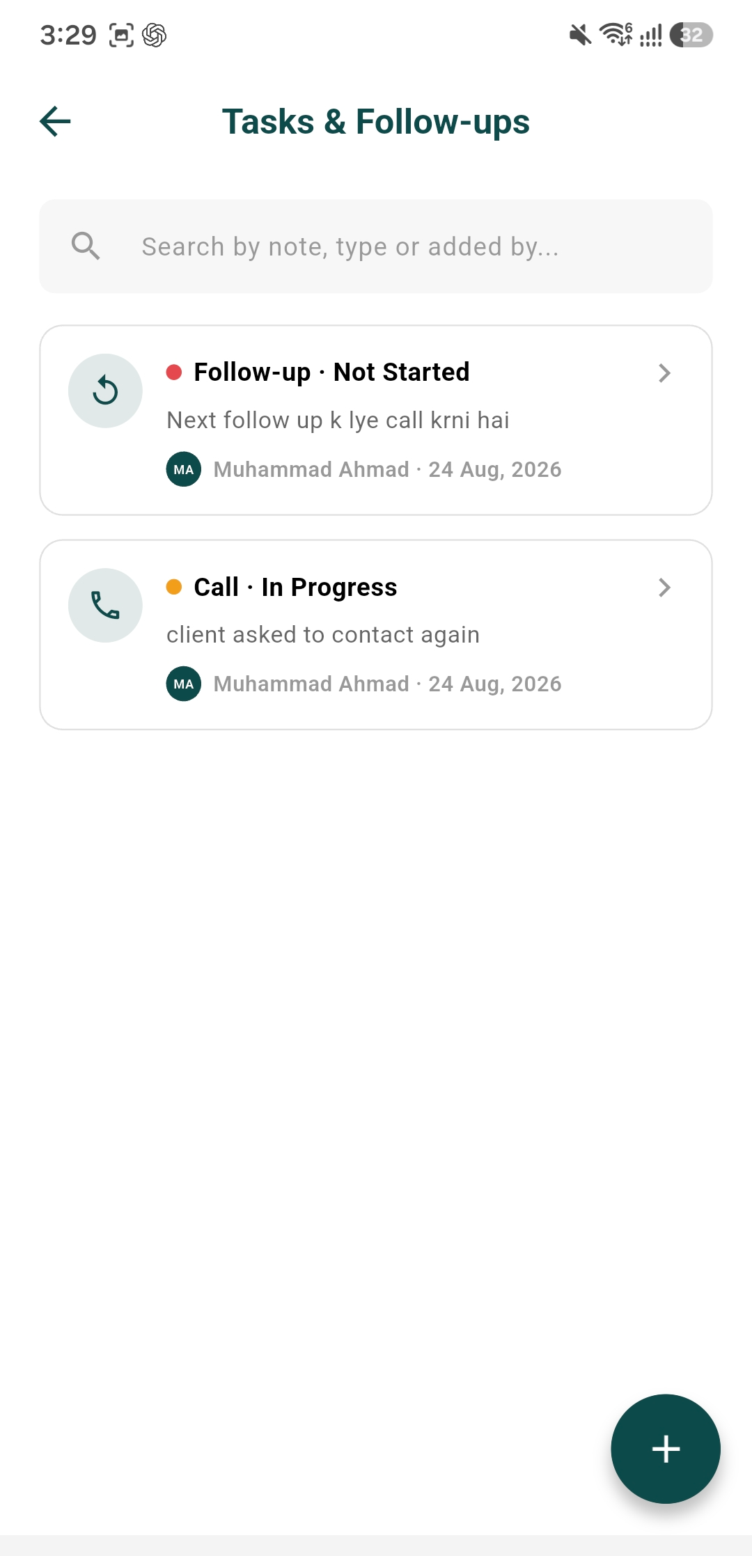 Tasks and follow-ups screen